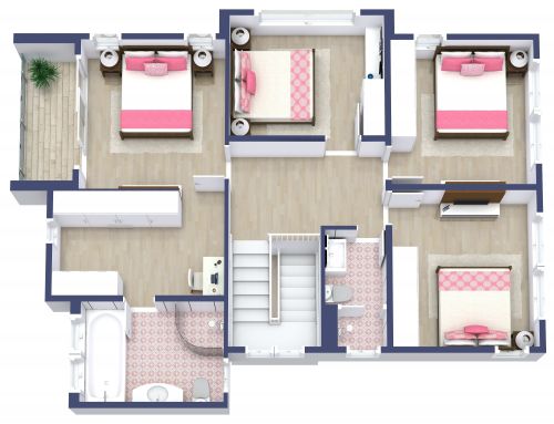 Stylish Five Bedroom Floor Plan With Pink Details