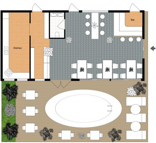 Thailand Inspired Restaurant Plan With Pool Area