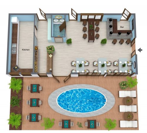 Thailand Inspired Restaurant Plan With Pool Area