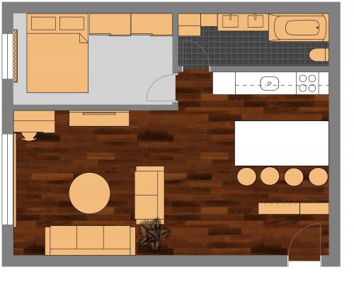 1 Bedroom Floor Plan With Narrow Bathroom and Bathtub