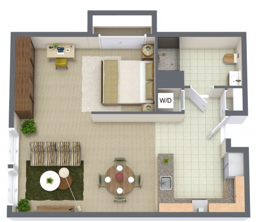 Stylish Studio Apartment Plan With U-Shaped Kitchen