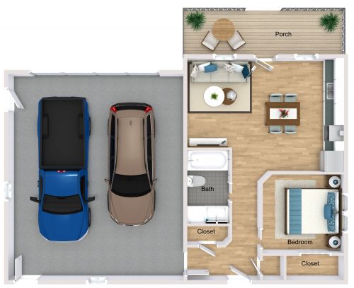 1 Bedroom Garage Apartment Plan With Private Porch