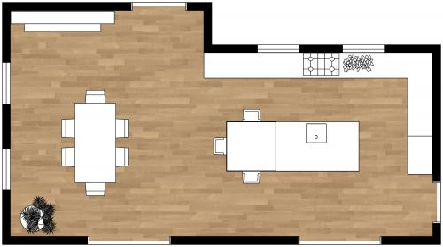 Beautiful Kitchen Floor Plan With Island and Fireplace