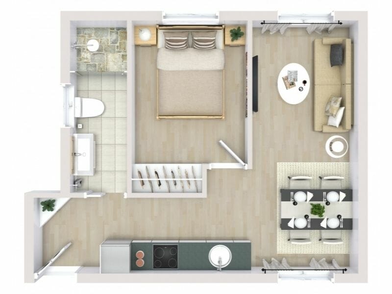 1 bedroom house plan neutral color 3D