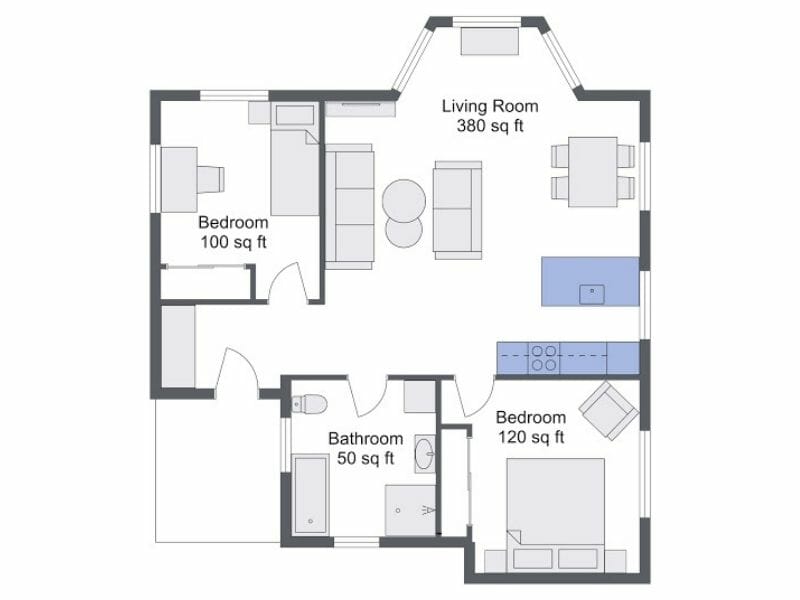 2D floor plan Show all furniture with blue fill color for kitchen