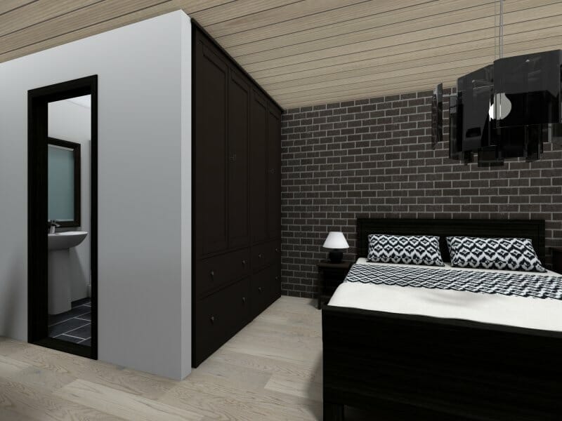 Bedroom layout with ensuite masculine colors