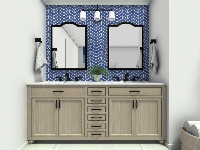 Blue subway tiles in beach style bathroom