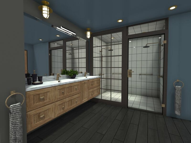 Dark blue industrial bathroom design