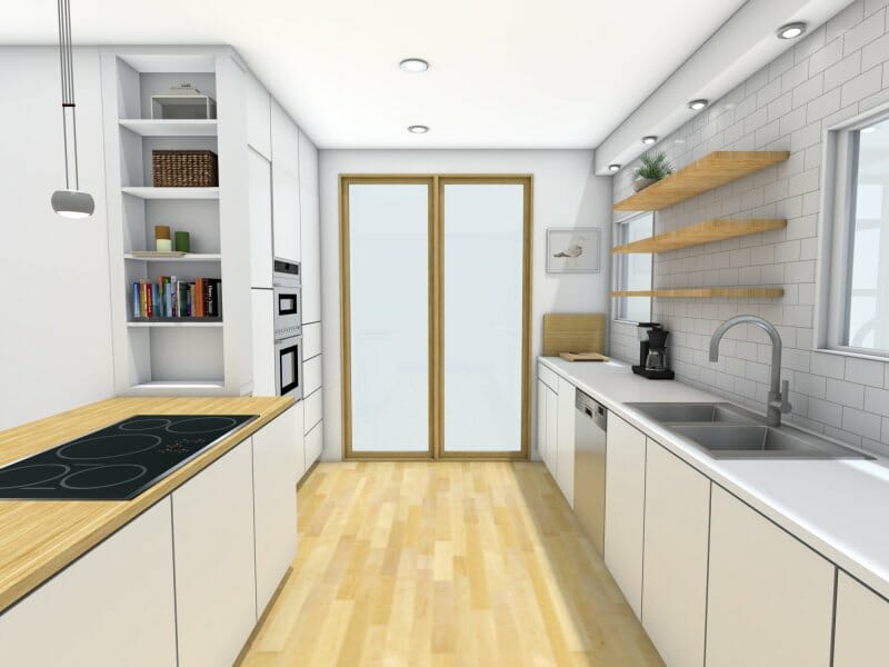 Galley kitchen layout with open shelving