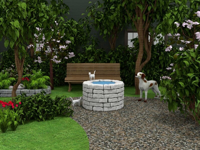 Garden design with well and bench
