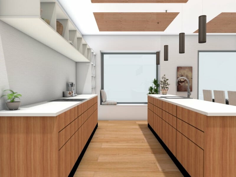 Pendant lights in galley kitchen