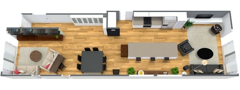 InHowzer 3D Floor Plan Open Kitchen Living Area Interior Design Layout After