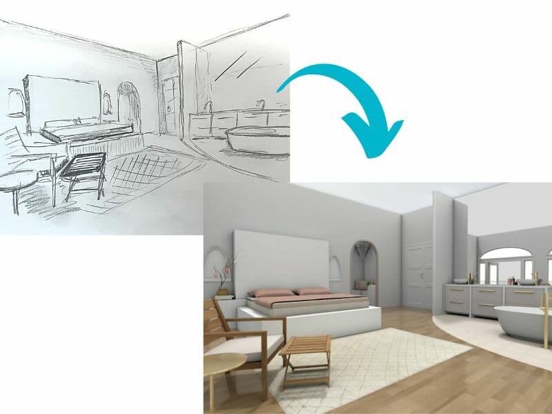 Bedroom with bathroom interior sketch vs computer generated image