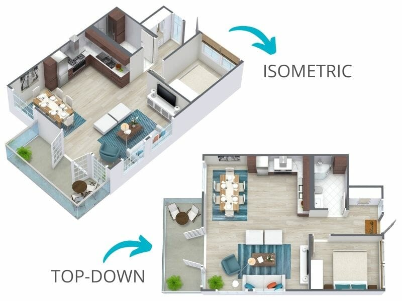 isometric and top down 3D floor plans