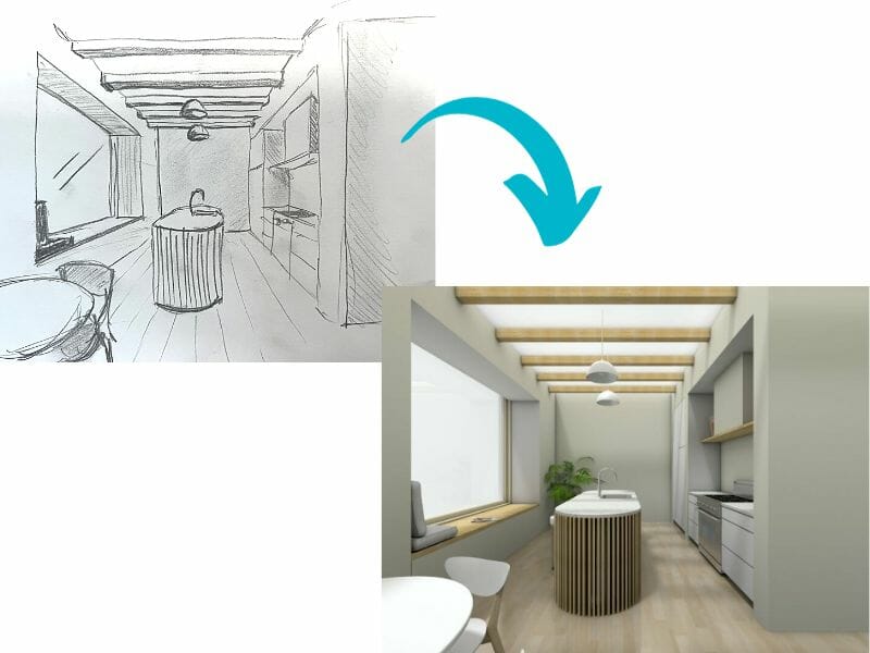 Interior design sketch kitchen and 3d photo