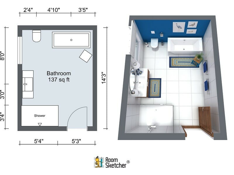 RoomSketcher Blue White Nautical Bathroom Layout 2D 3D Floor Plans