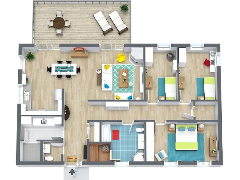 3D floor plan with blue-green accents