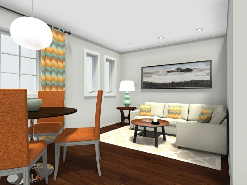 RoomSketcher Home-Designer-small-living-room-layout-with-corner sofa and dining area