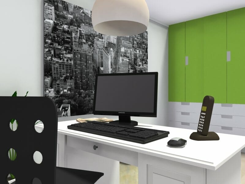 RoomSketcher Home Office Modern Black and White Design with Green Accent Color Ikea Furniture