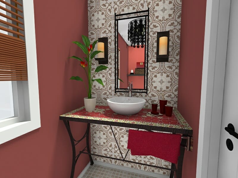 RoomSketcher Oriental Powder Room Design Idea Pantone Marsala Castellon Washbasin