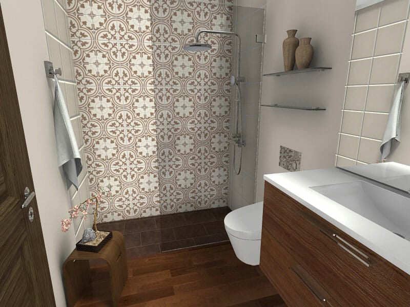 RoomSketcher Small Bathroom Ideas Wood Floor Curbless Shower