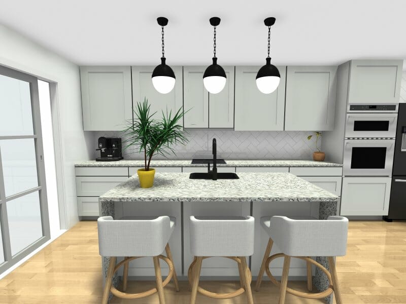 White single wall kitchen with island