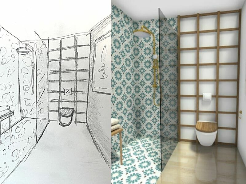 Interior design sketch of small bathroom