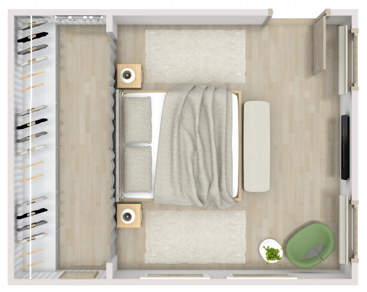 Bedroom 3D Floor Plan Beige Bed Placement